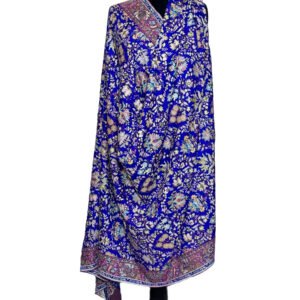 "Blue Kalamkari Shawl with Intricate Flower Pattern and Elegant Border"