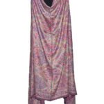 A Kani semi-pashmina shawl draped on a mannequin, featuring intricate pink, purple, and light-colored floral and paisley patterns on a beige base.