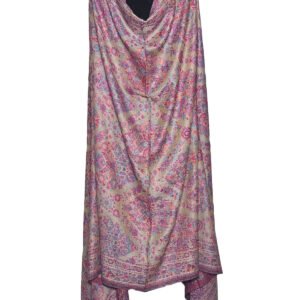A Kani semi-pashmina shawl draped on a mannequin, featuring intricate pink, purple, and light-colored floral and paisley patterns on a beige base.