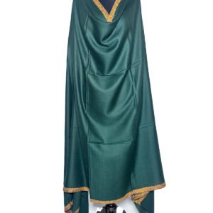 Emerald green semi-pashmina shawl, soft silk-wool blend with gold embroidery, versatile women's wrap