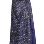 A full view of a deep blue semi-pashmina shawl draped on a black mannequin, showcasing intricate light-colored floral and vine-like "jaal" embroidery covering the entire fabric.