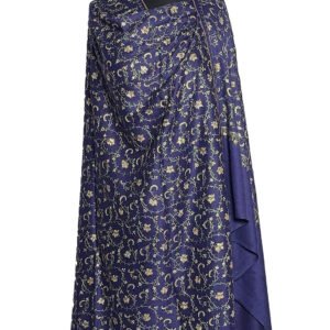 A full view of a deep blue semi-pashmina shawl draped on a black mannequin, showcasing intricate light-colored floral and vine-like "jaal" embroidery covering the entire fabric.