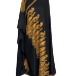 Luxurious black semi-pashmina shawl featuring intricate gold embroidery.