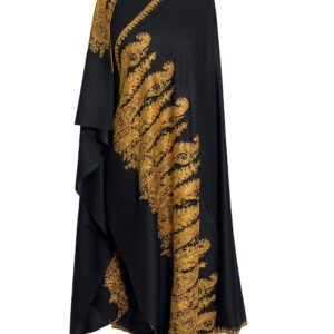 Luxurious black semi-pashmina shawl featuring intricate gold embroidery.