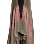 Close-up of a taupe Kashmiri pashmina shawl featuring intricate multi-color embroidery in shades of pink, purple, and orange along its border.