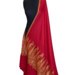 Luxurious maroon semi-pashmina shawl with a wide, intricately embroidered Baildar border.
