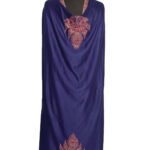 Royal blue semi-pashmina shawl featuring intricate baildar floral embroidery on its border.