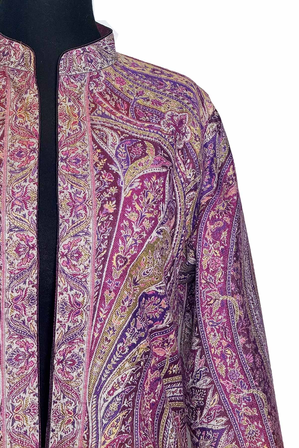 Handwoven Kashmiri wool coat with traditional paisley pattern in purple, gold, and magenta.